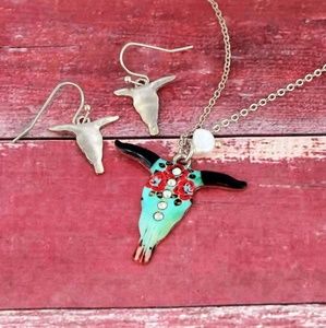 Steer Head south western boho Crystal rose Necklace Earring Set Burnished Tone